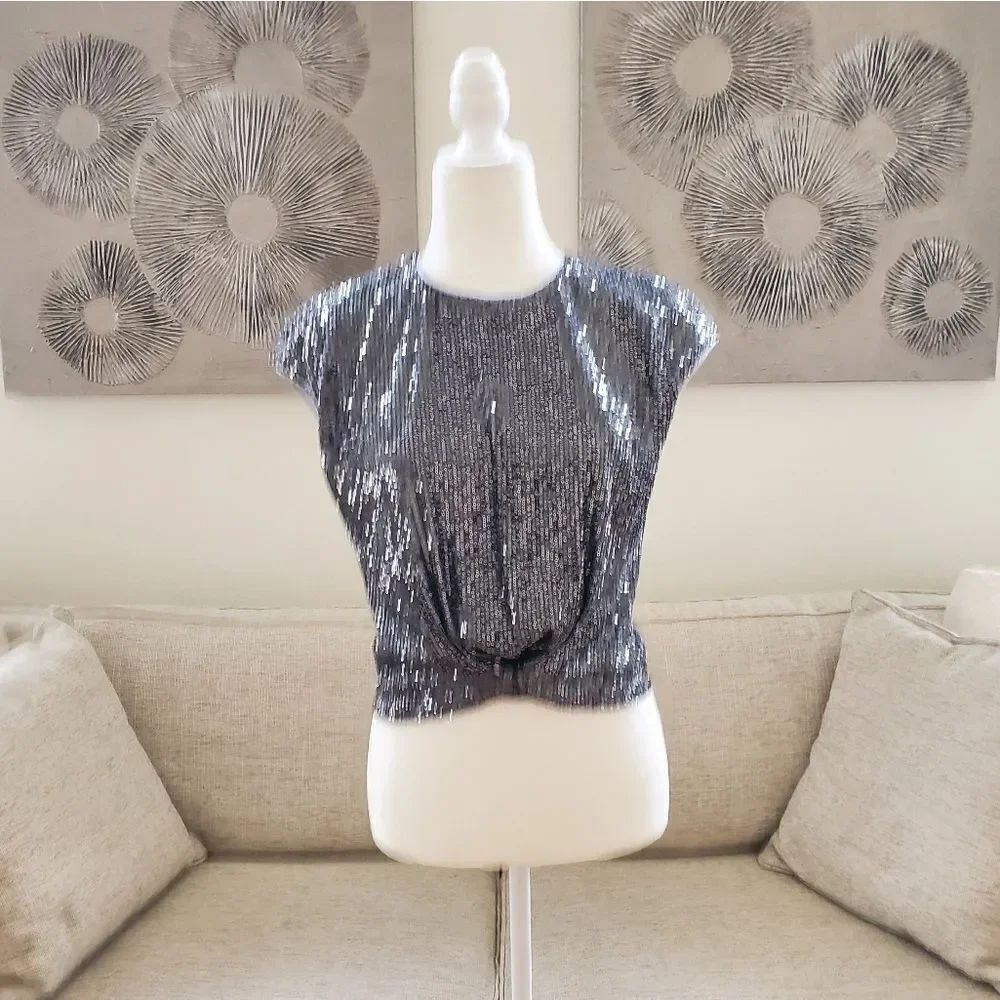 Ann Taylor Loft Silver Grey Sequin Stretch Cap Sleeve Cropped Blouse Sz XSP
